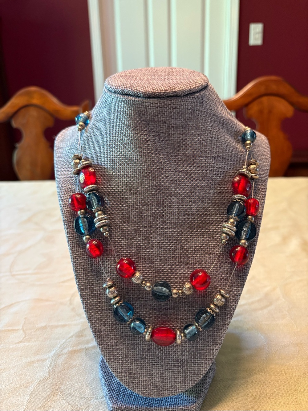 2/$20 Red and Blue Glass Bead Double Strand Necklace - Women Jewelry